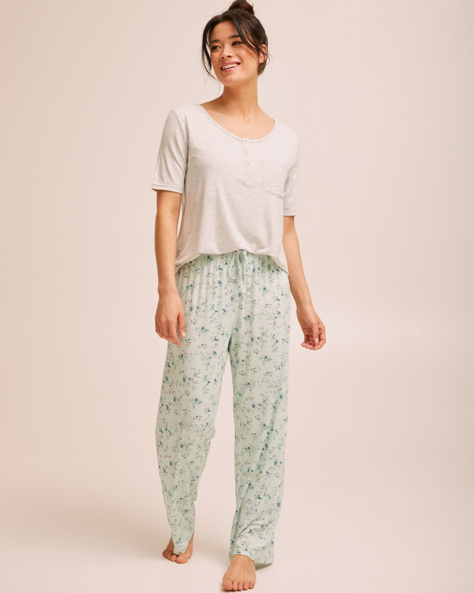 Button Tee Bamboo Breastfeeding Pyjama Set - Grey - Peachymama - 1