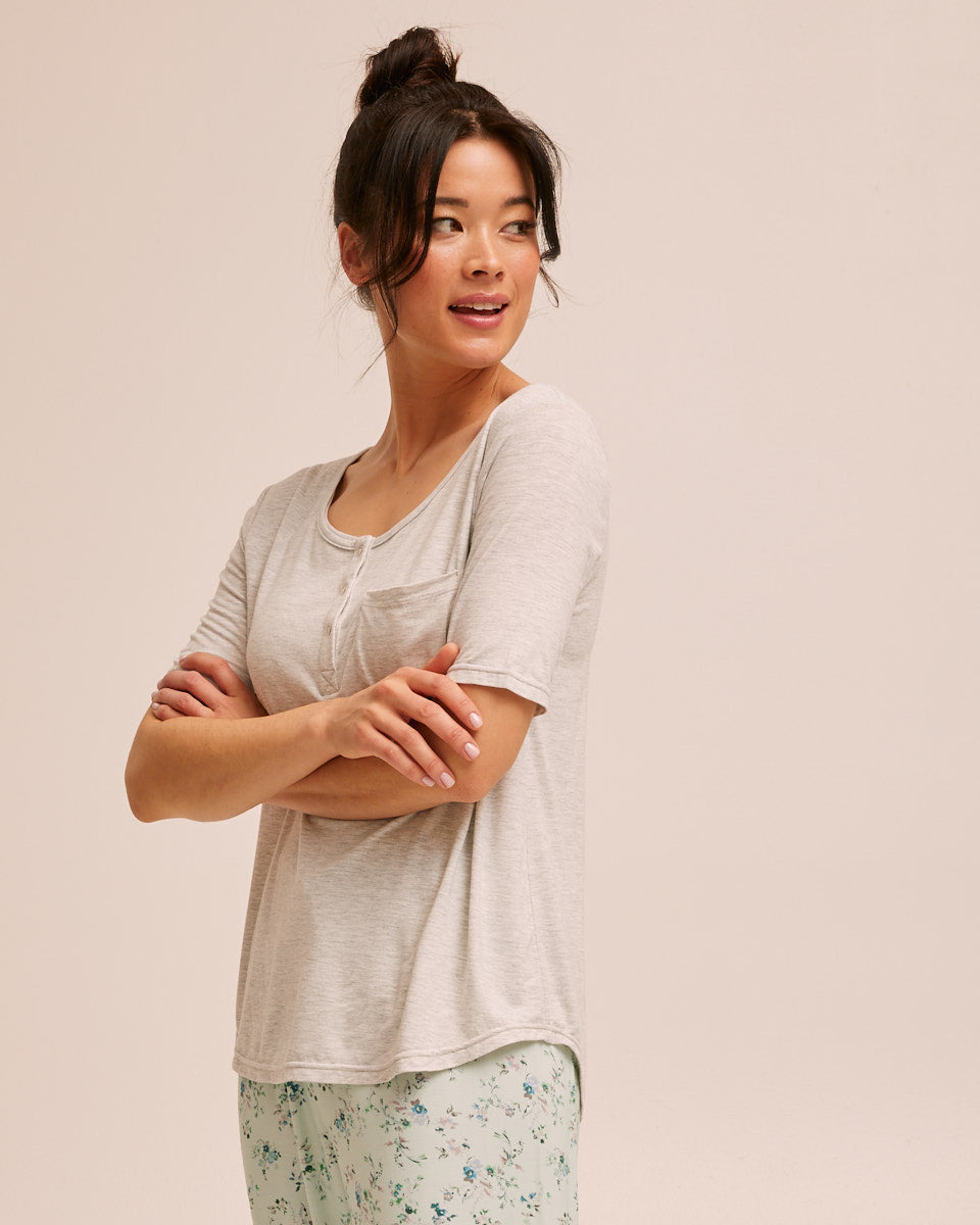 Button Tee Bamboo Breastfeeding Pyjama Set - Grey - Peachymama - 4