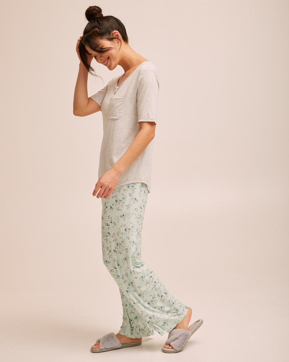 Button Tee Bamboo Breastfeeding Pyjama Set - Grey - Peachymama - 6