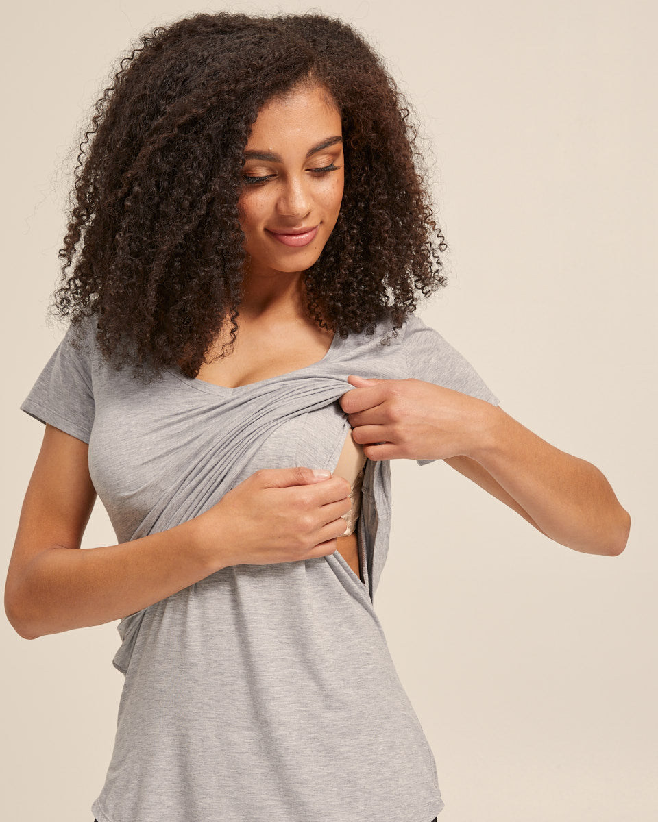 V Neck Bamboo Nursing Tee - Grey Marle - Peachymama - 2