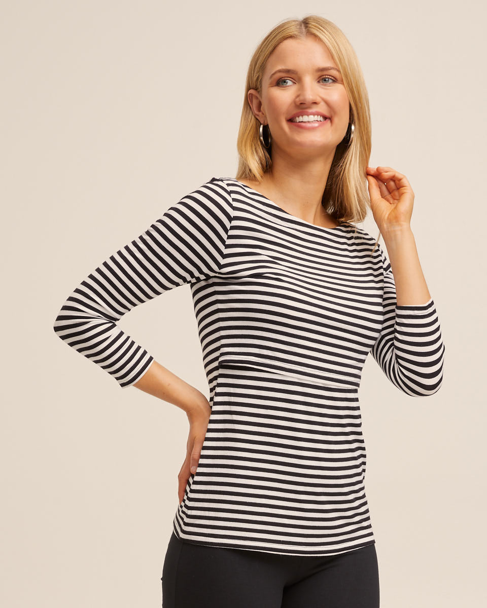 French Bamboo Boatneck Nursing Top - black &amp; white stripe print