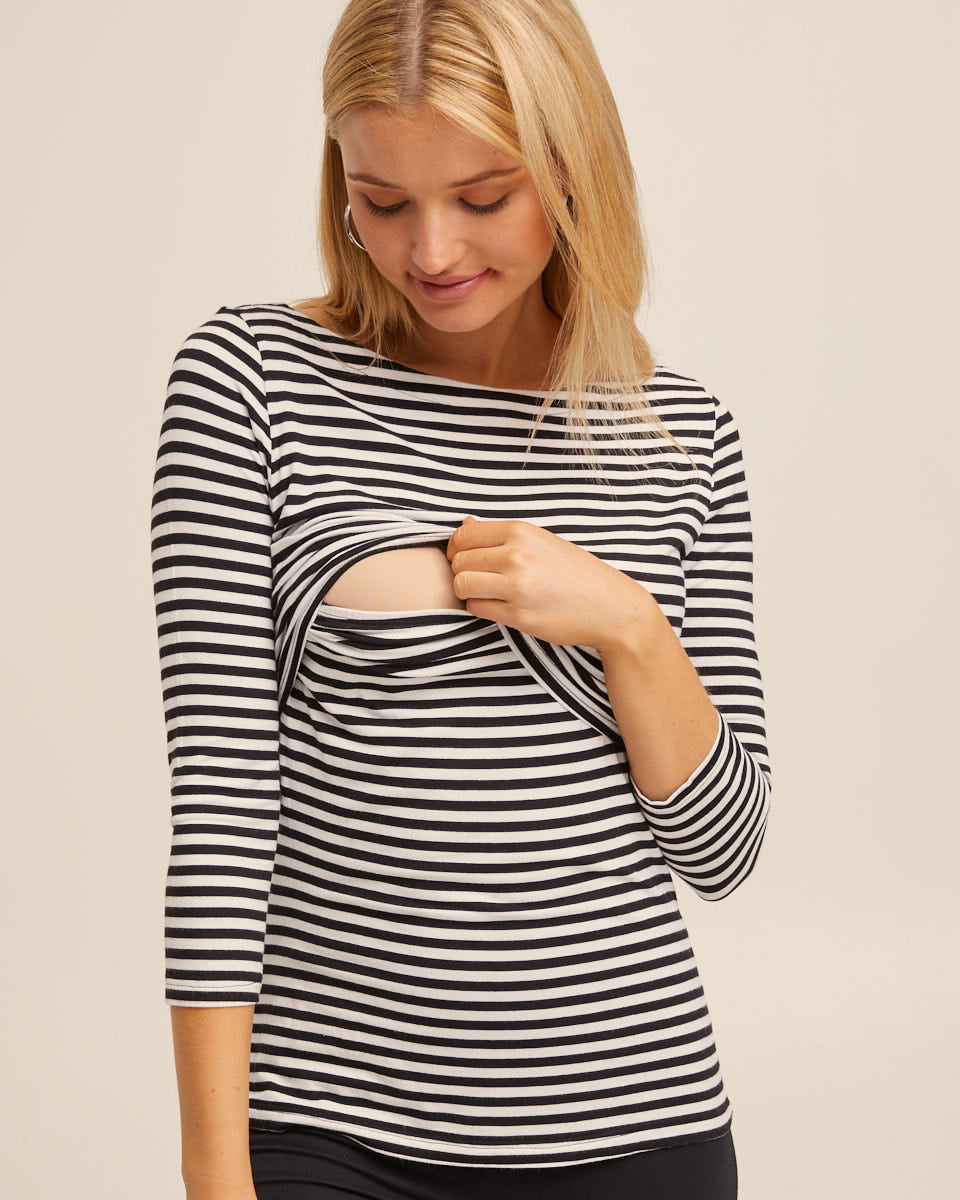 French Bamboo Boatneck Nursing Top - black &amp; white stripe print