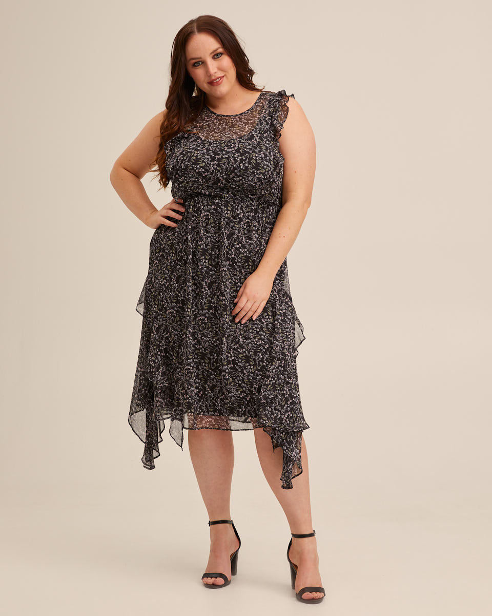 Sheer Ruffle Nursing Dress - Black Floral - Peachymama