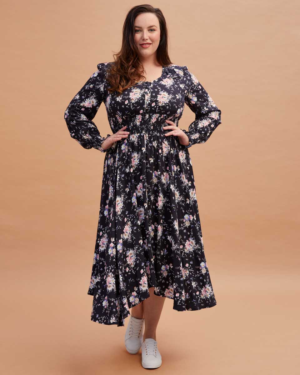 Shirred Nursing Dress - Black Floral Print - Peachymama