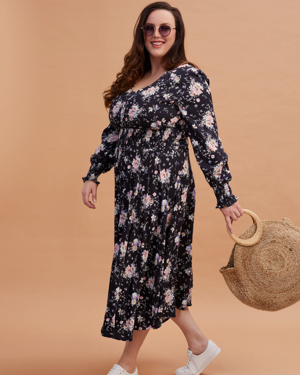 Shirred Nursing Dress - Black Floral Print - Peachymama