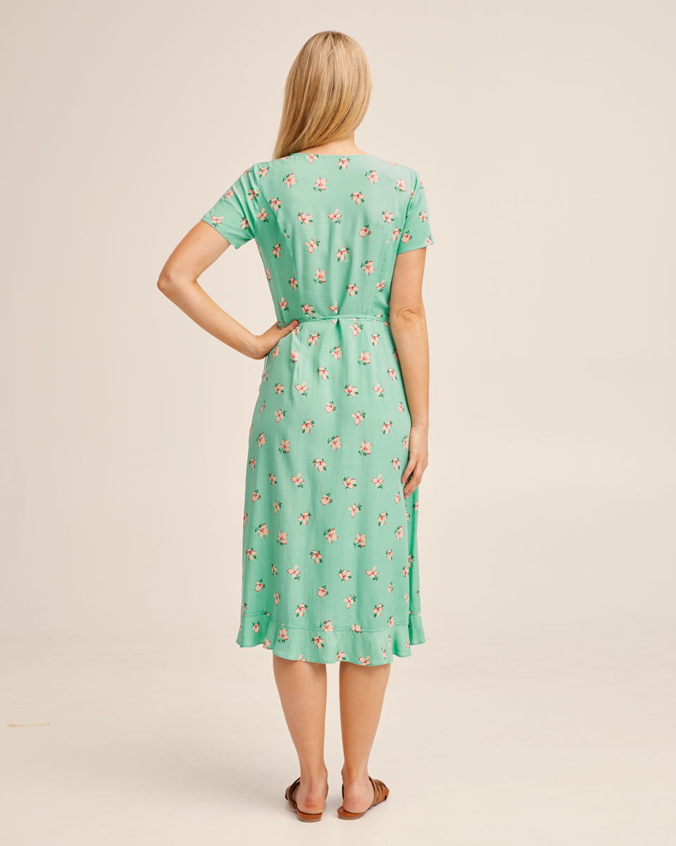Ruffle Nursing Wrap Dress - Green Floral - Peachymama