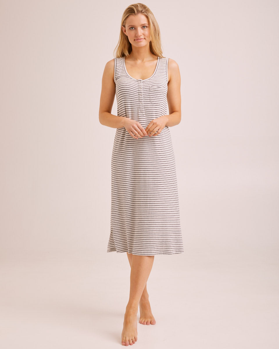Bamboo Midi Nursing Nightie - Black/Oatmeal Stripe - Peachymama