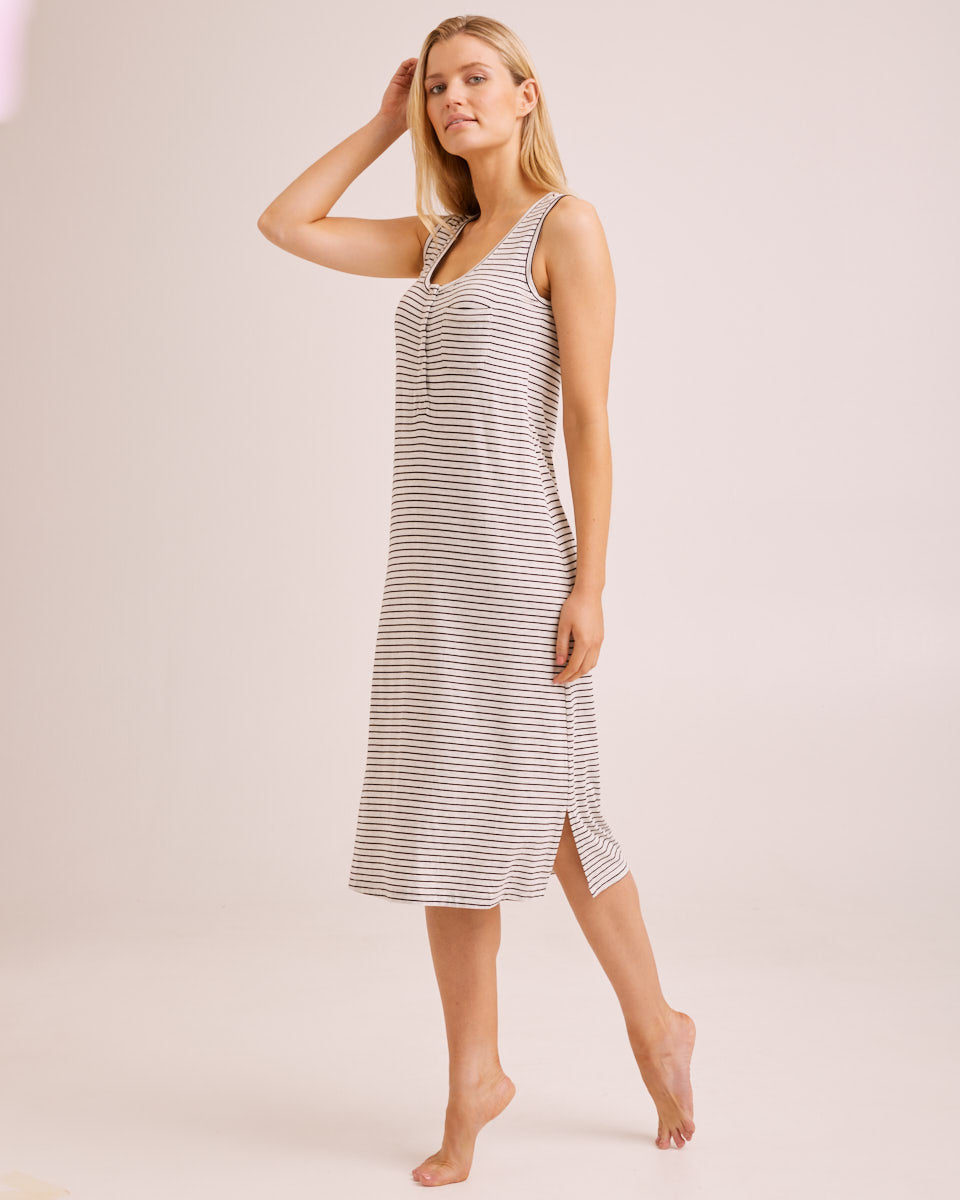 Bamboo Midi Nursing Nightie - Black/Oatmeal Stripe - Peachymama