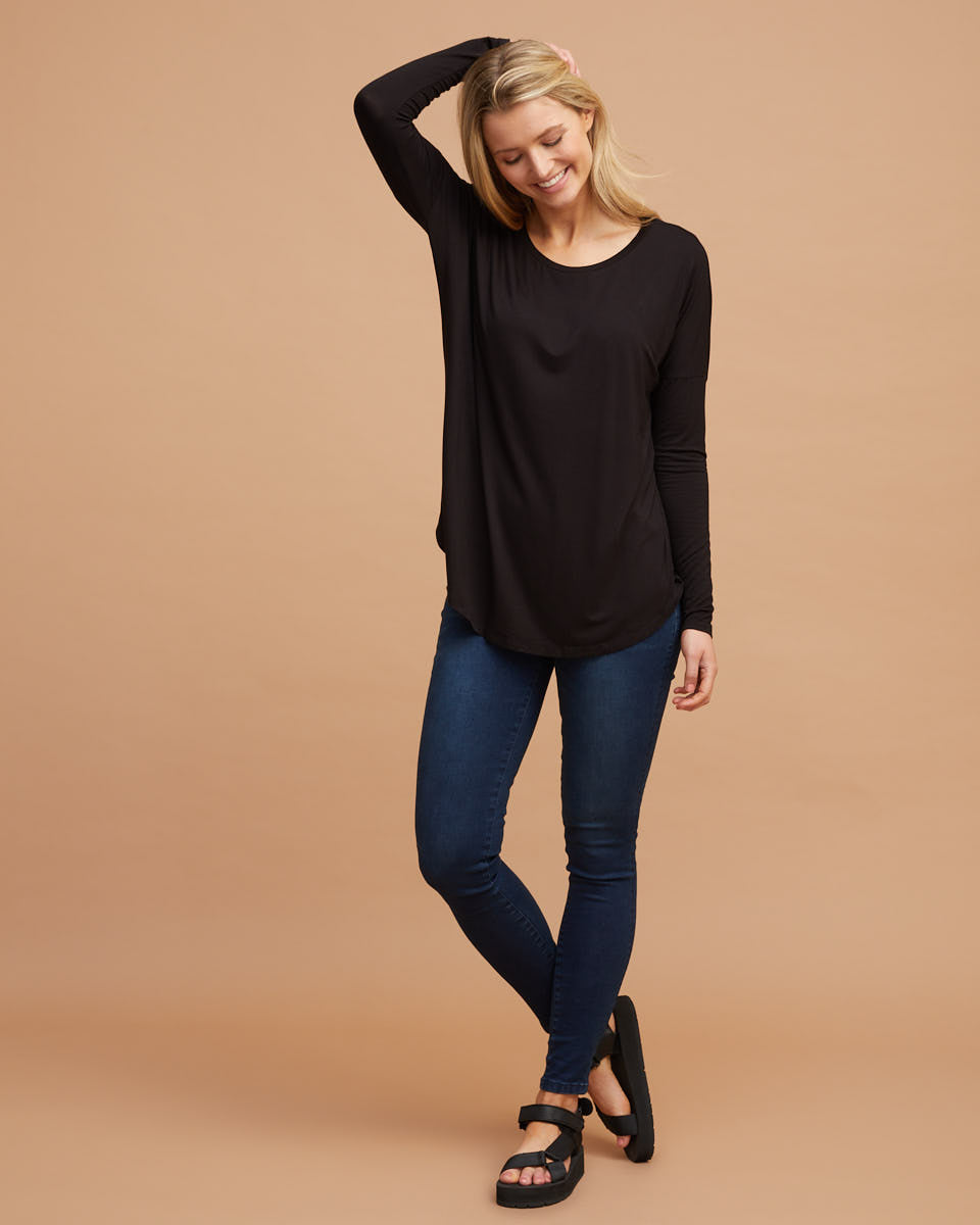 Bamboo Long Sleeve Nursing Tee - Black - Peachymama
