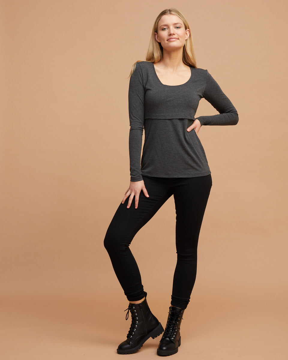Bamboo Long Sleeve Nursing Tee - Charcoal Marle - Peachymama