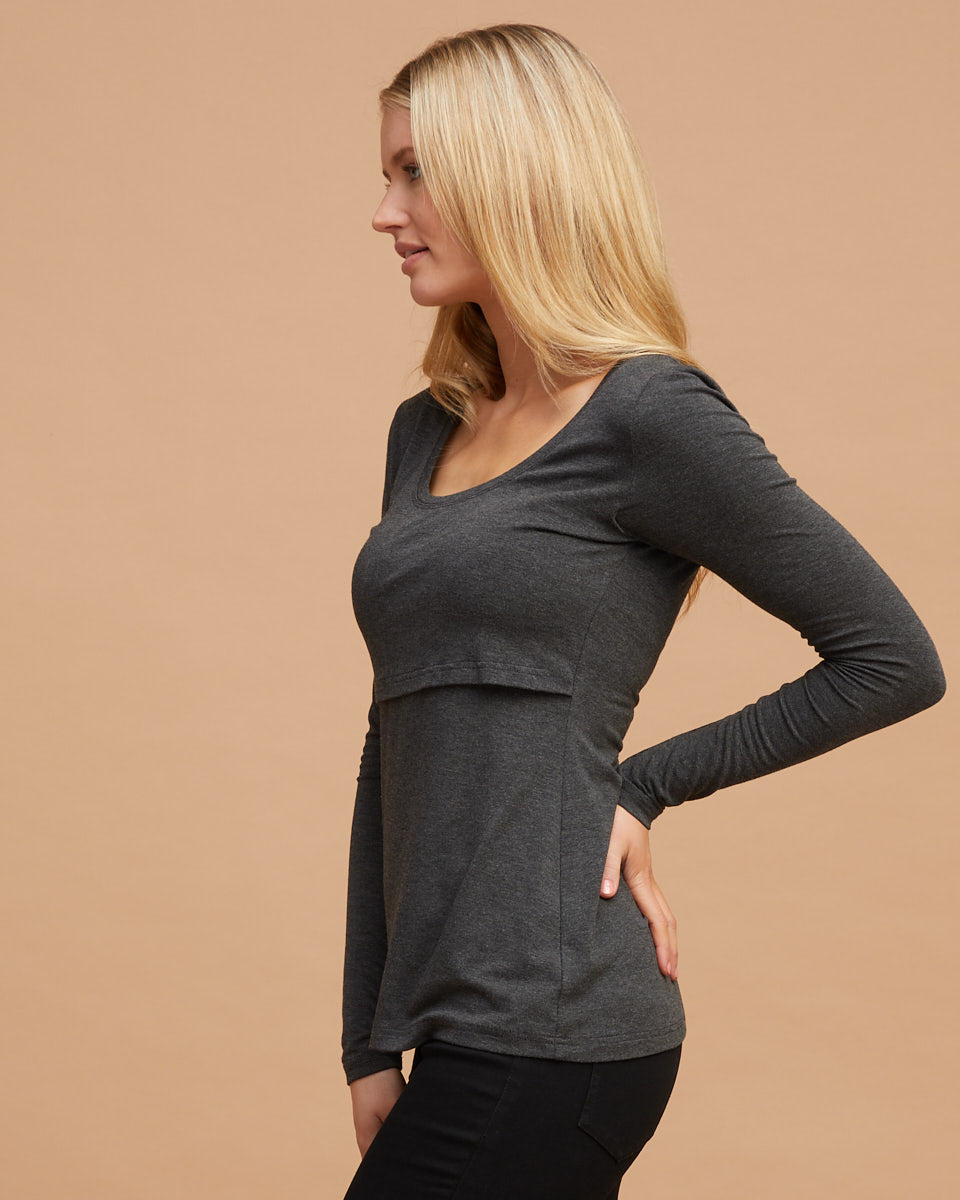Bamboo Long Sleeve Nursing Tee - Charcoal Marle - Peachymama