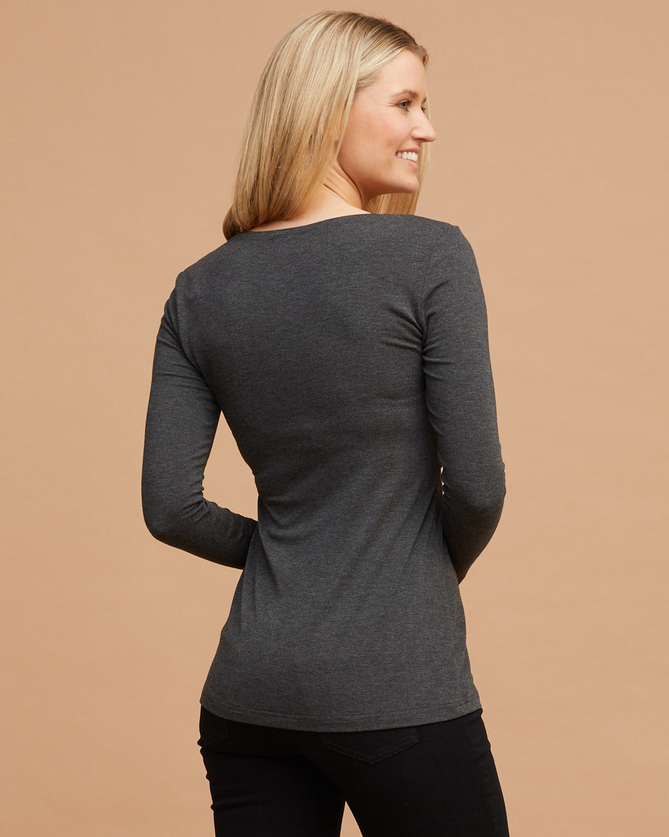 Bamboo Long Sleeve Nursing Tee - Charcoal Marle - Peachymama