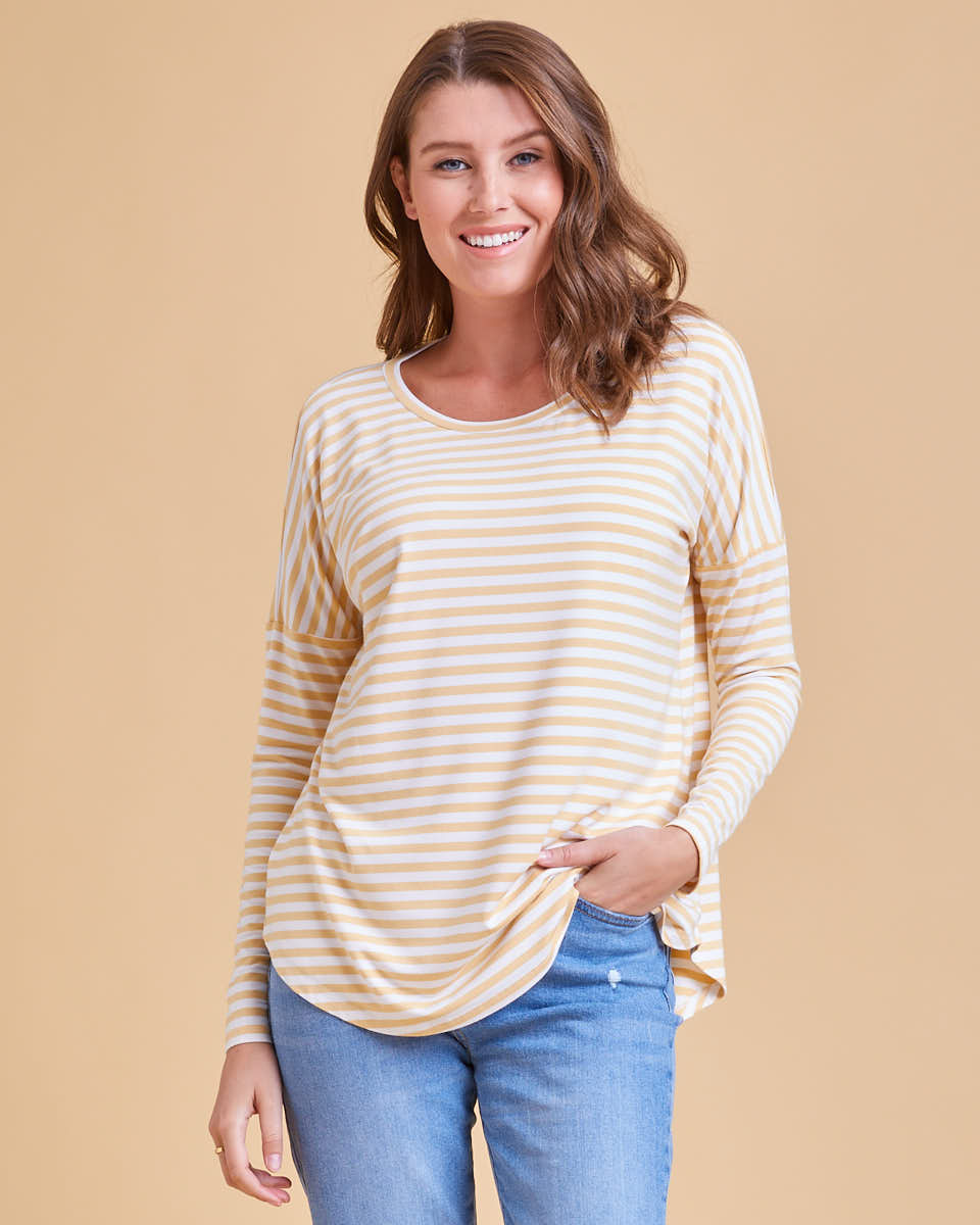 Bamboo LongSleeve Nursing Tee - Golden Yellow Stripe - Peachymama