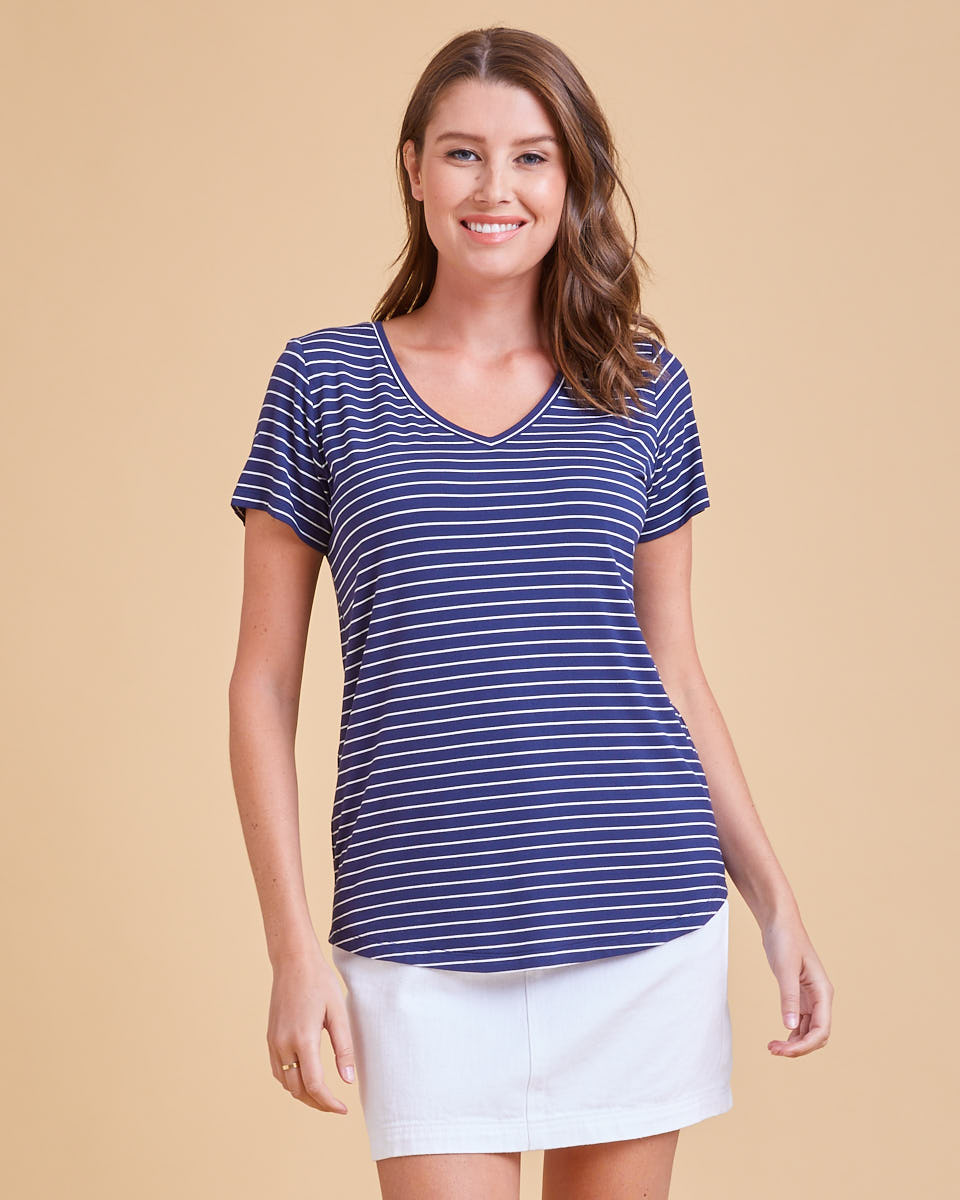 Bamboo V Neck Tee - Navy Stripe - Peachymama