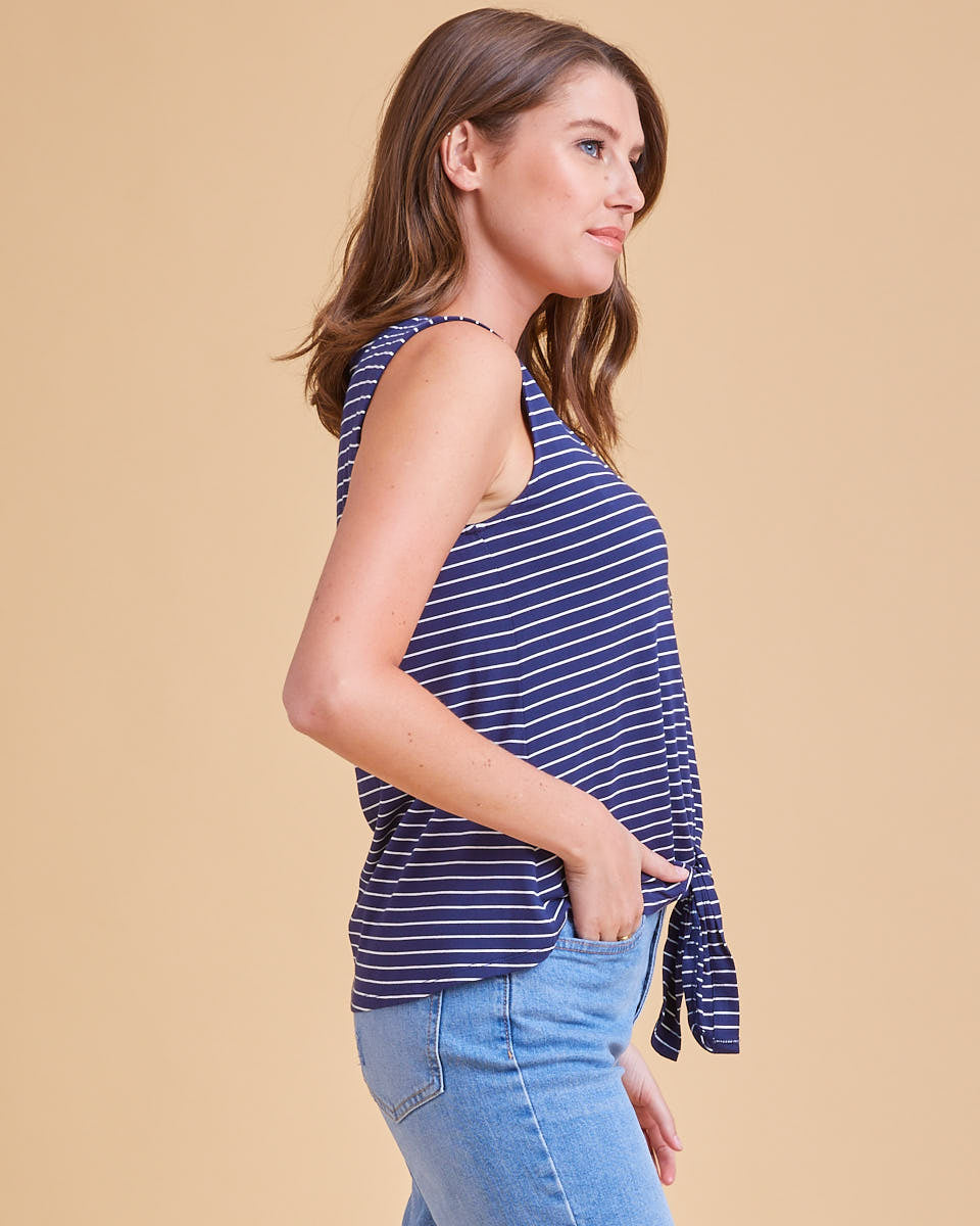 Bamboo Tie Front Nursing Tank - Navy Stripe - Peachymama