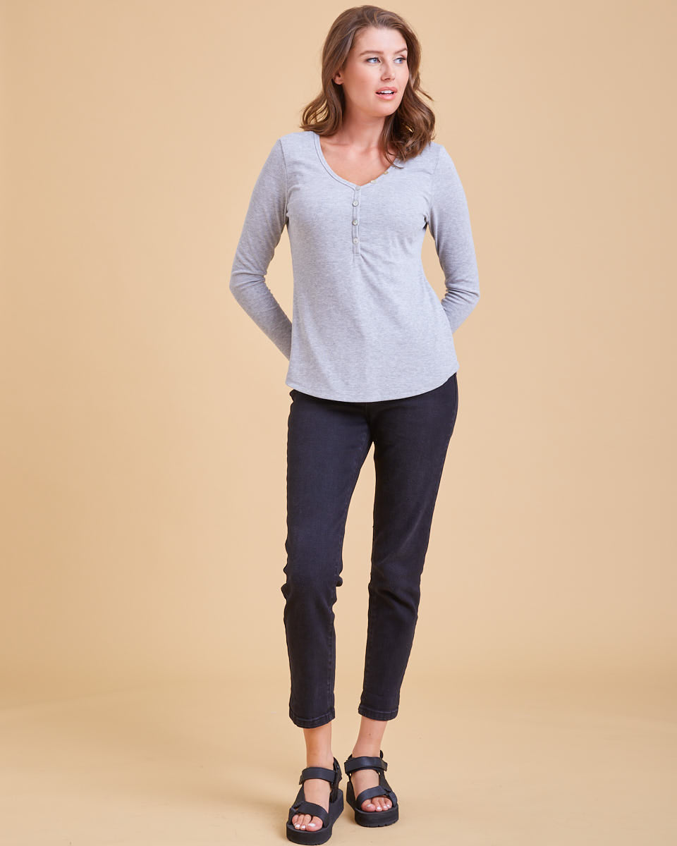 Rib Henley Nursing Top - Grey Marle - Peachymama