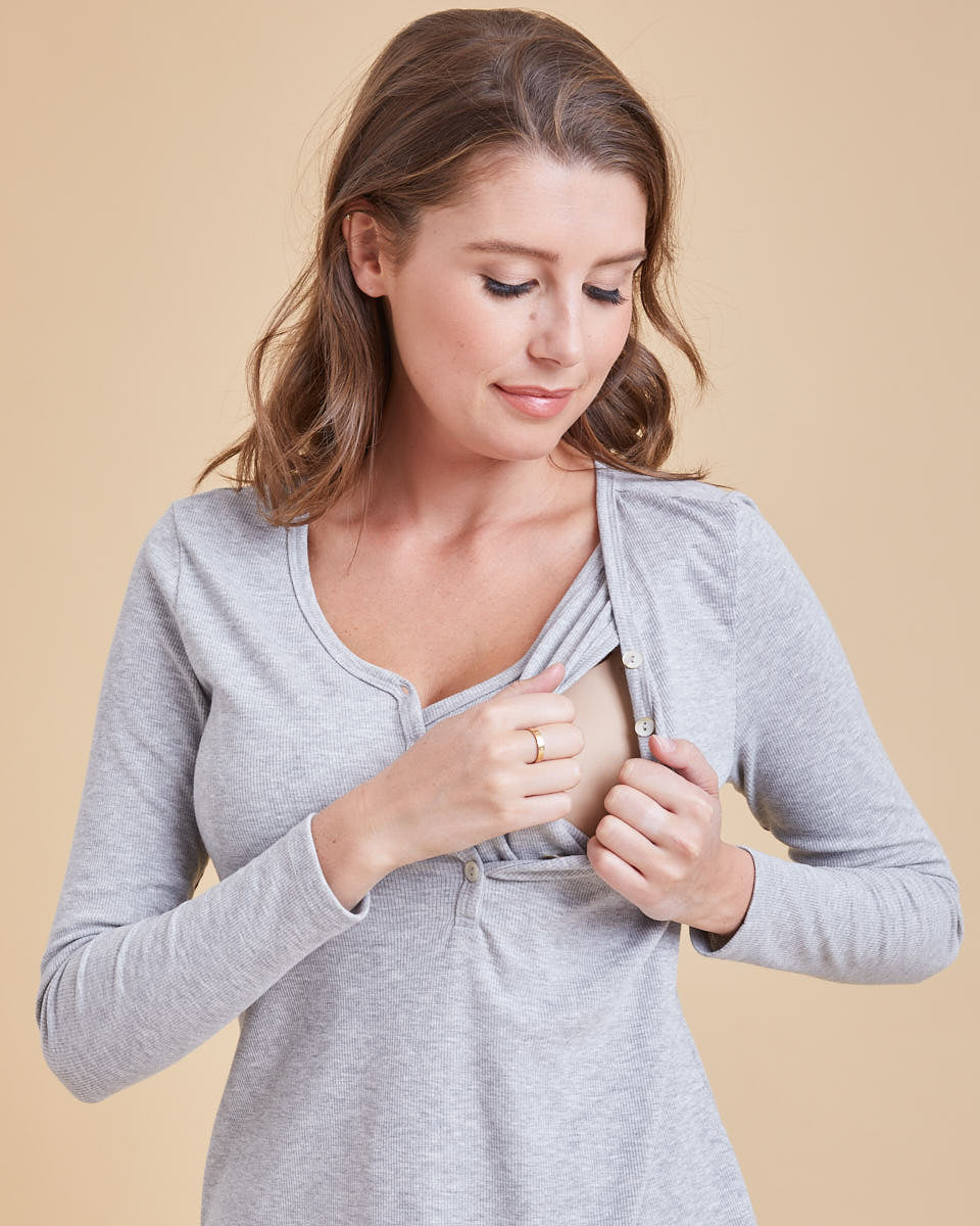 Rib Henley Nursing Top - Grey Marle - Peachymama
