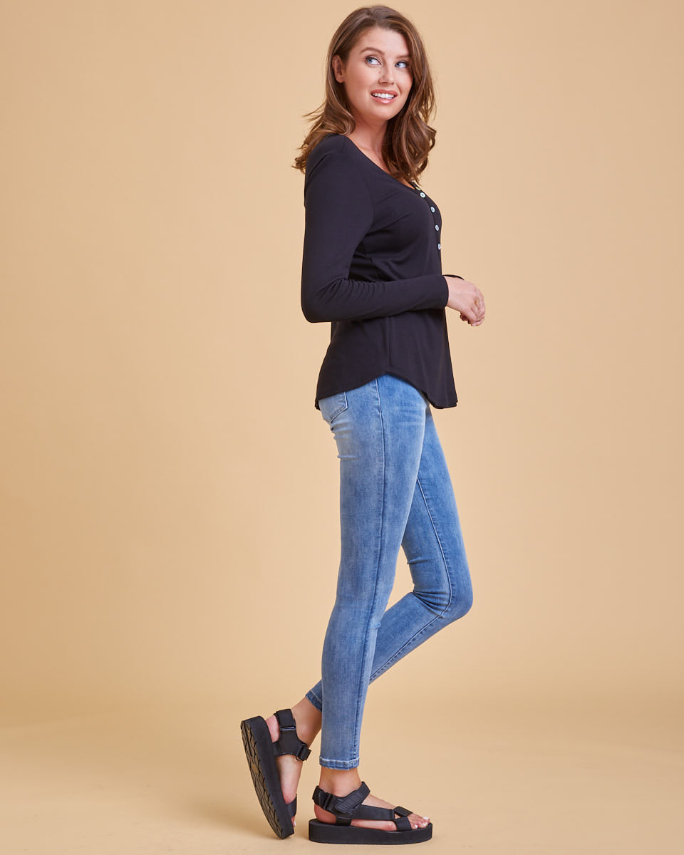Rib Henley Nursing Top - Black - Peachymama