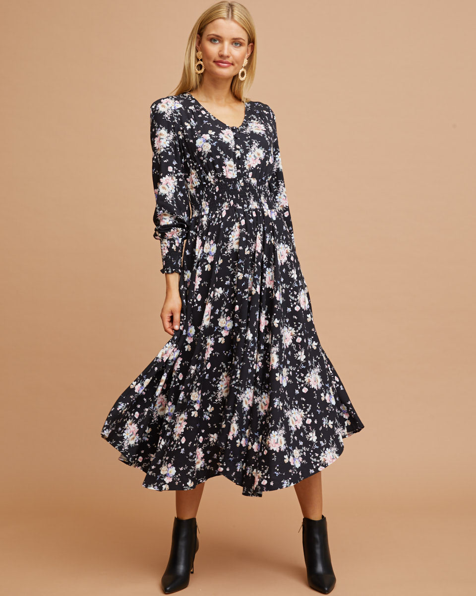 Shirred Nursing Dress - Black Floral Print - Peachymama