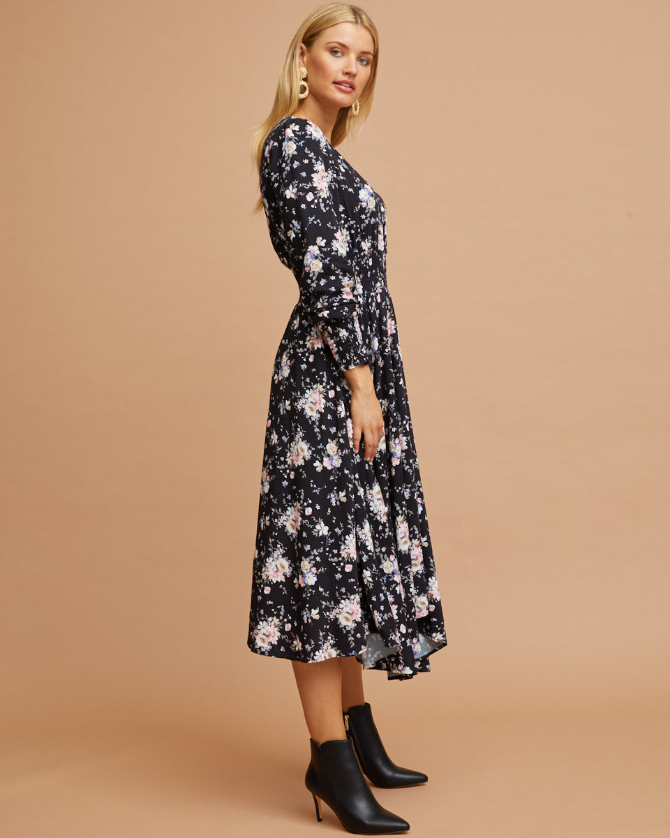 Shirred Nursing Dress - Black Floral Print - Peachymama