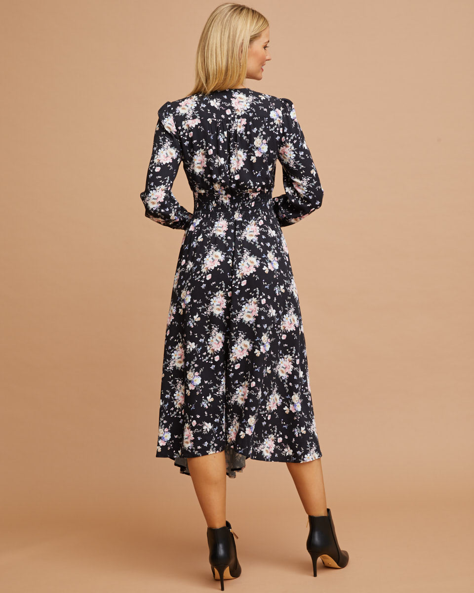 Shirred Nursing Dress - Black Floral Print - Peachymama